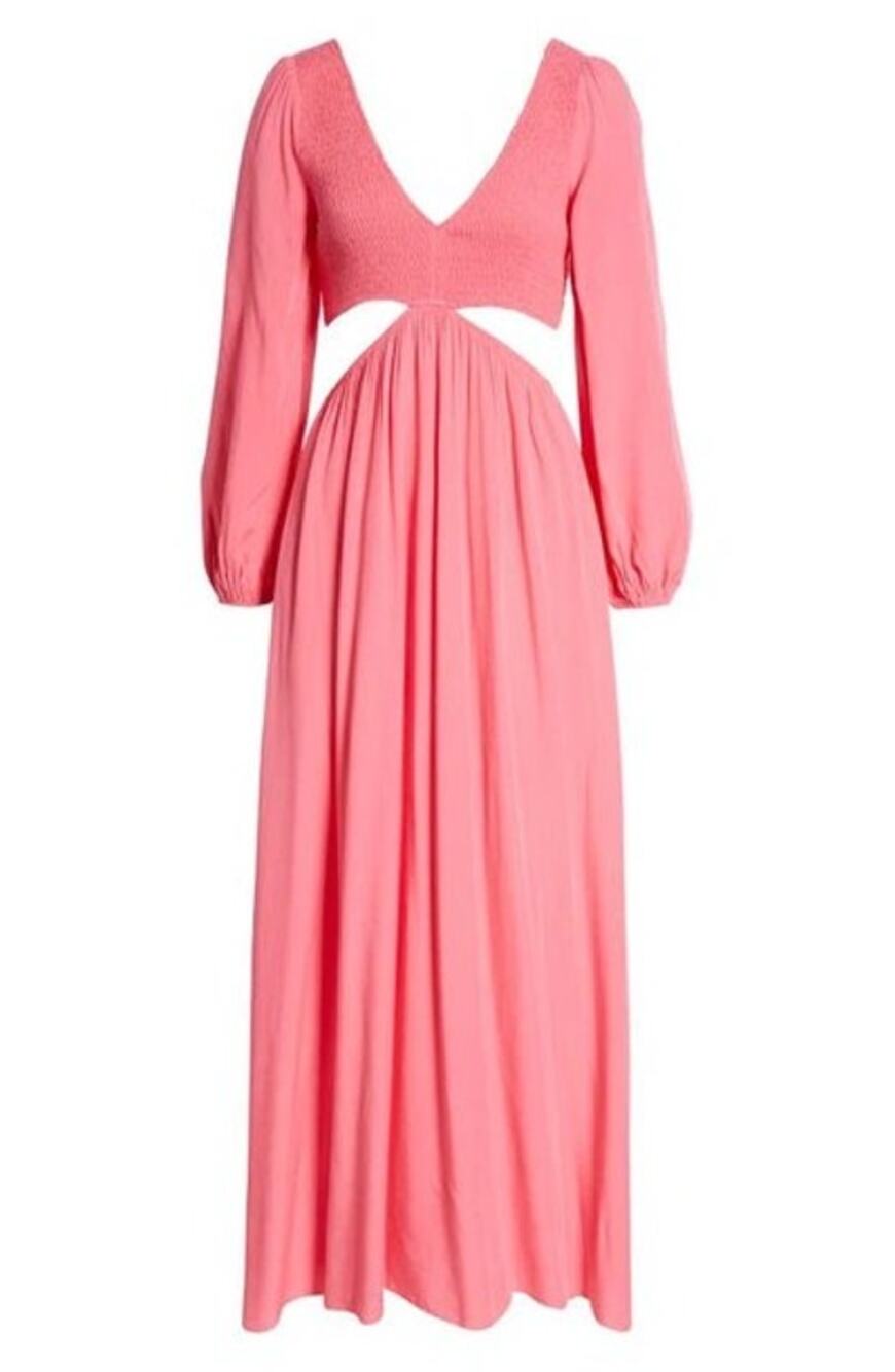 Vici Collection Smocked Cutout Long Sleeve Maxi Dress in Hot Pink
